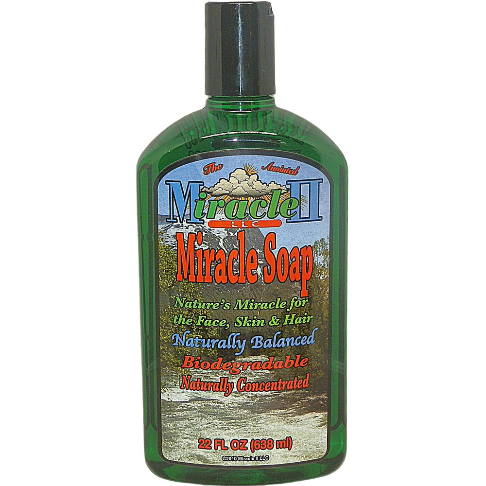 Miracle II Regular Soap 22oz packaging displays earth-friendly formula for skin and home cleaning.