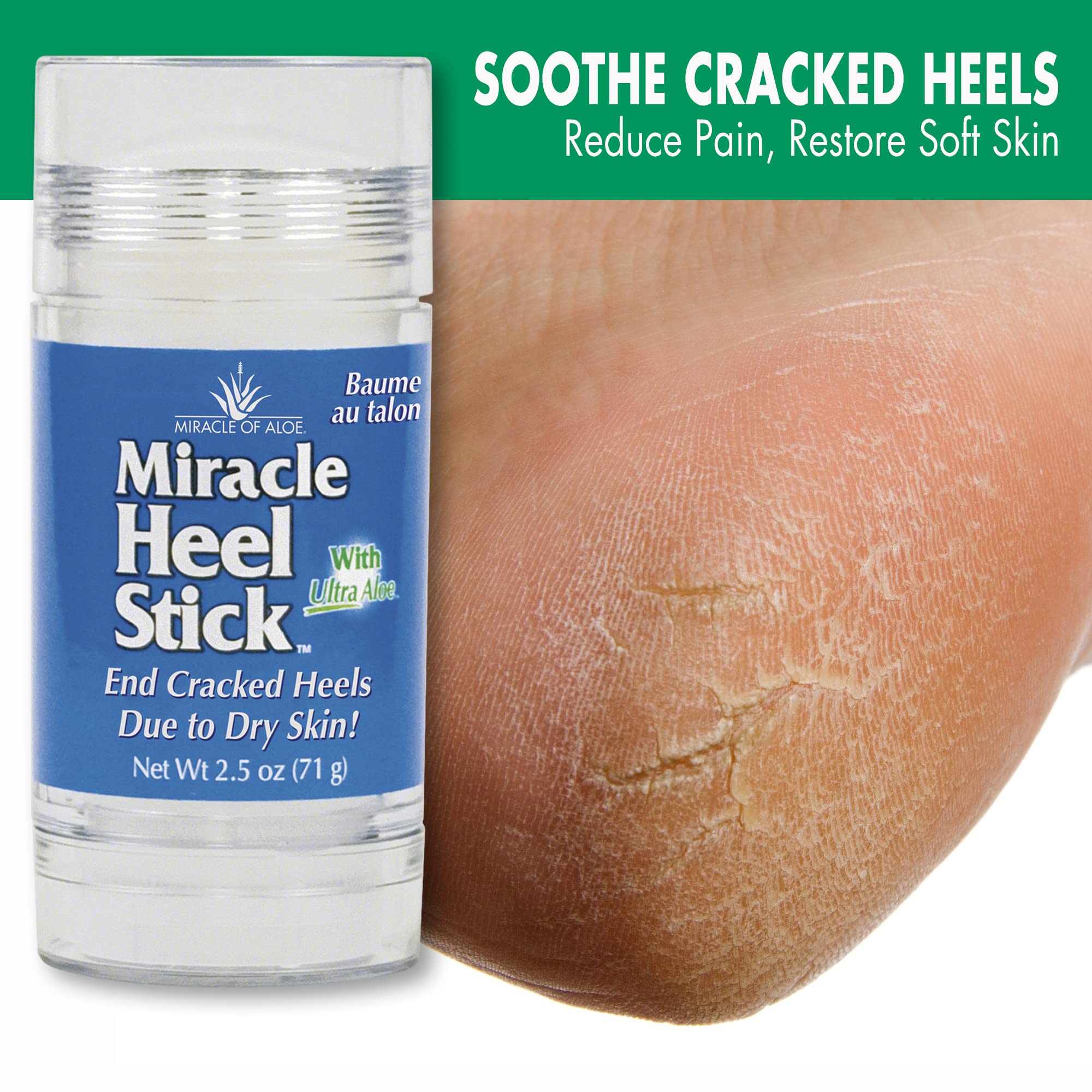  Miracle of Aloe heel-stick-packaging demonstrating convenient, on-the-go relief for dry feet.