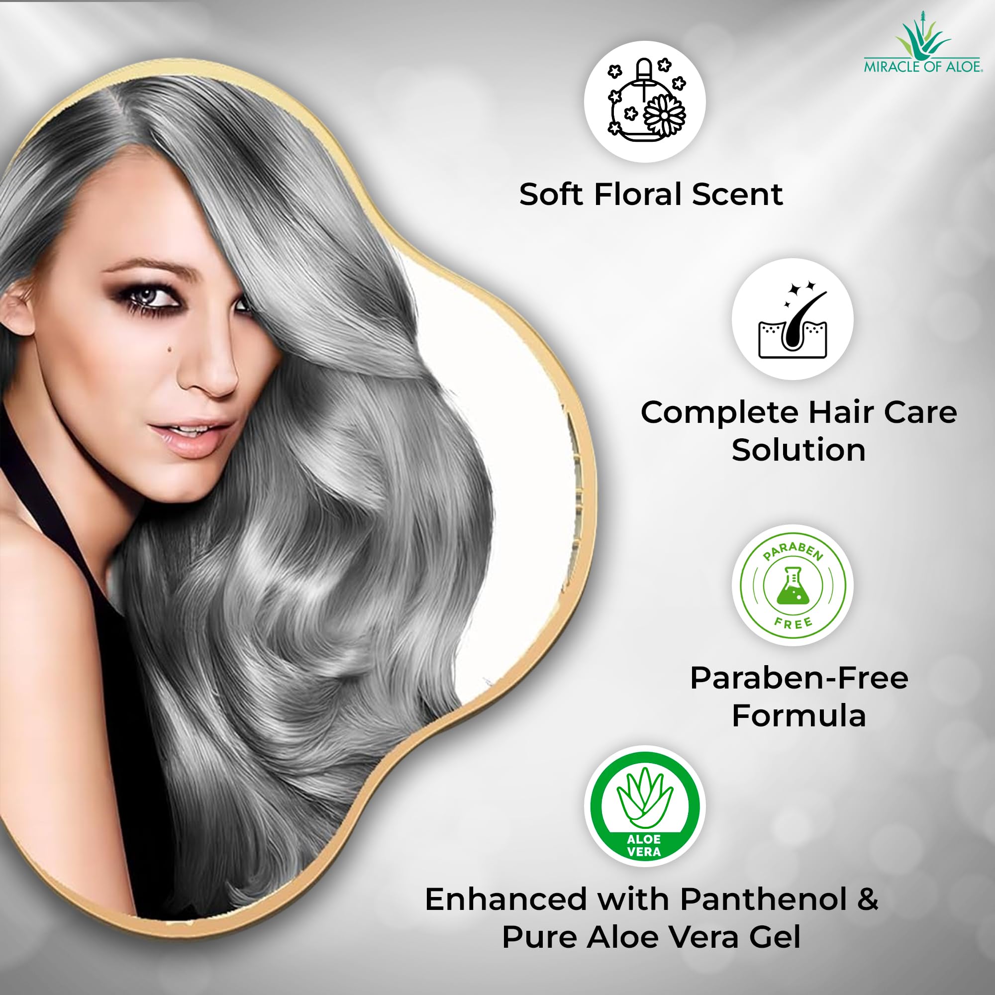 Miracle of Aloe Softly Silver foamy-lather suggests gentle cleansing with soft, manageable texture.