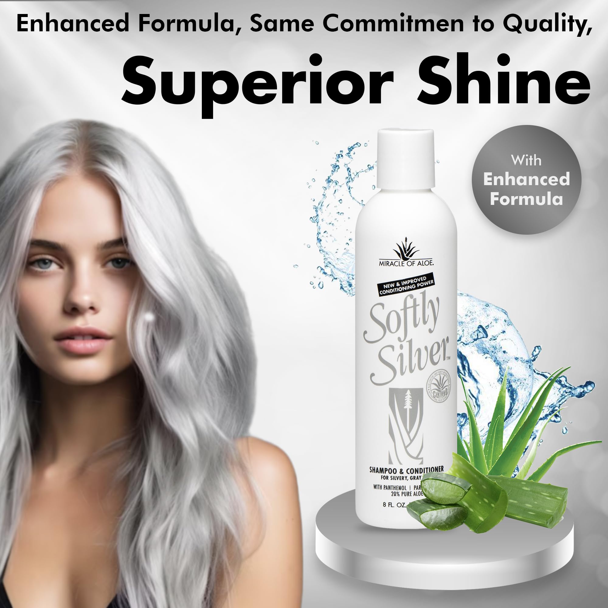 Miracle of Aloe Softly Silver panthenol-closeup signals nourishing moisture and reinforced hair strength.