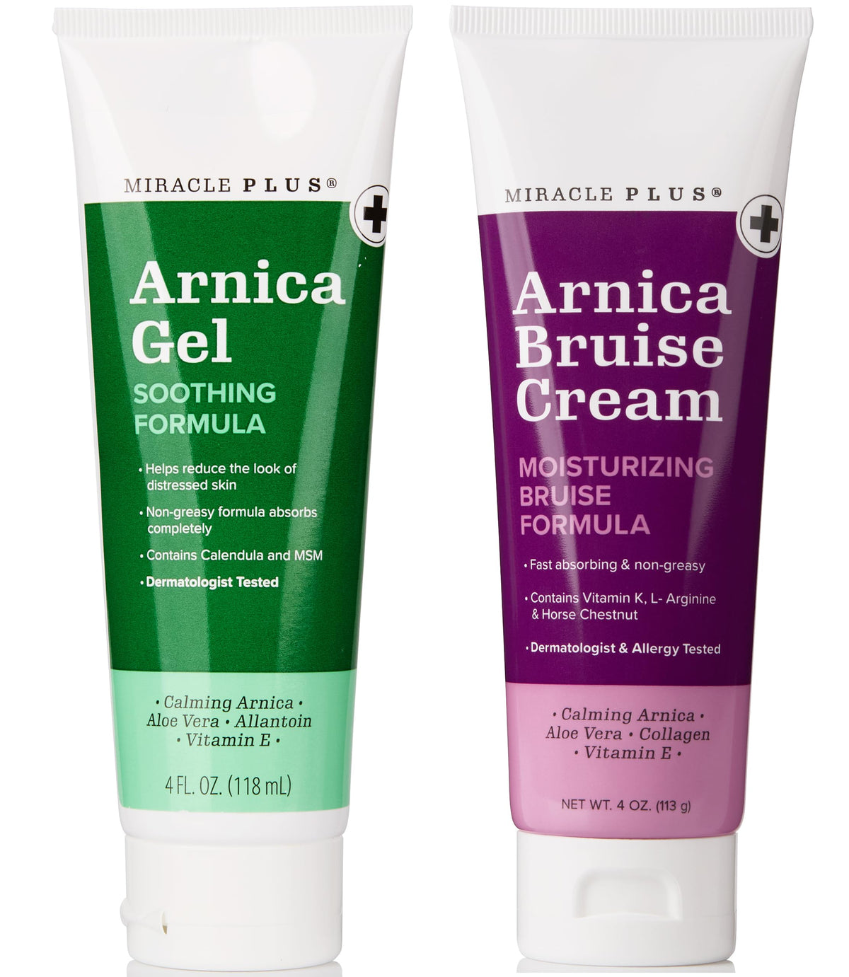 Miracle Plus Arnica Cream bruise-relief bottle shows moisturizing formula for skin comfort