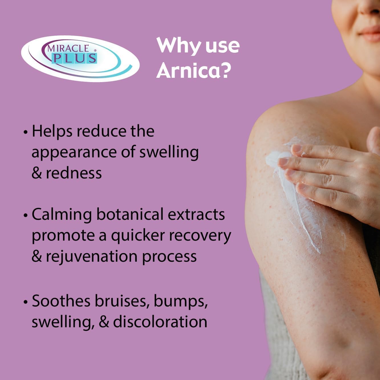 Miracle Plus Arnica Gel bruising tube demonstrates quick-absorbing relief for swelling