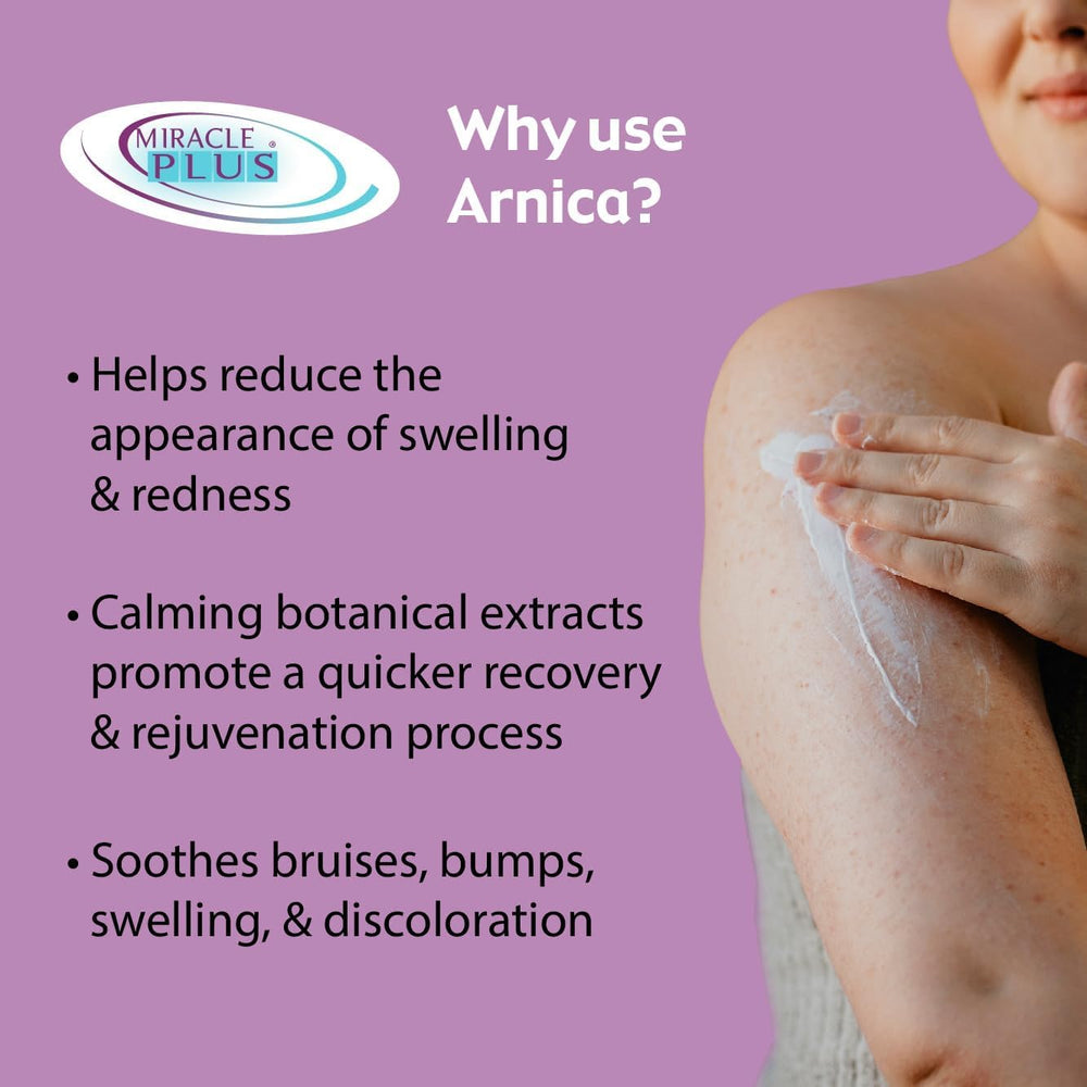 Miracle Plus Arnica Gel bruising tube demonstrates quick-absorbing relief for swelling