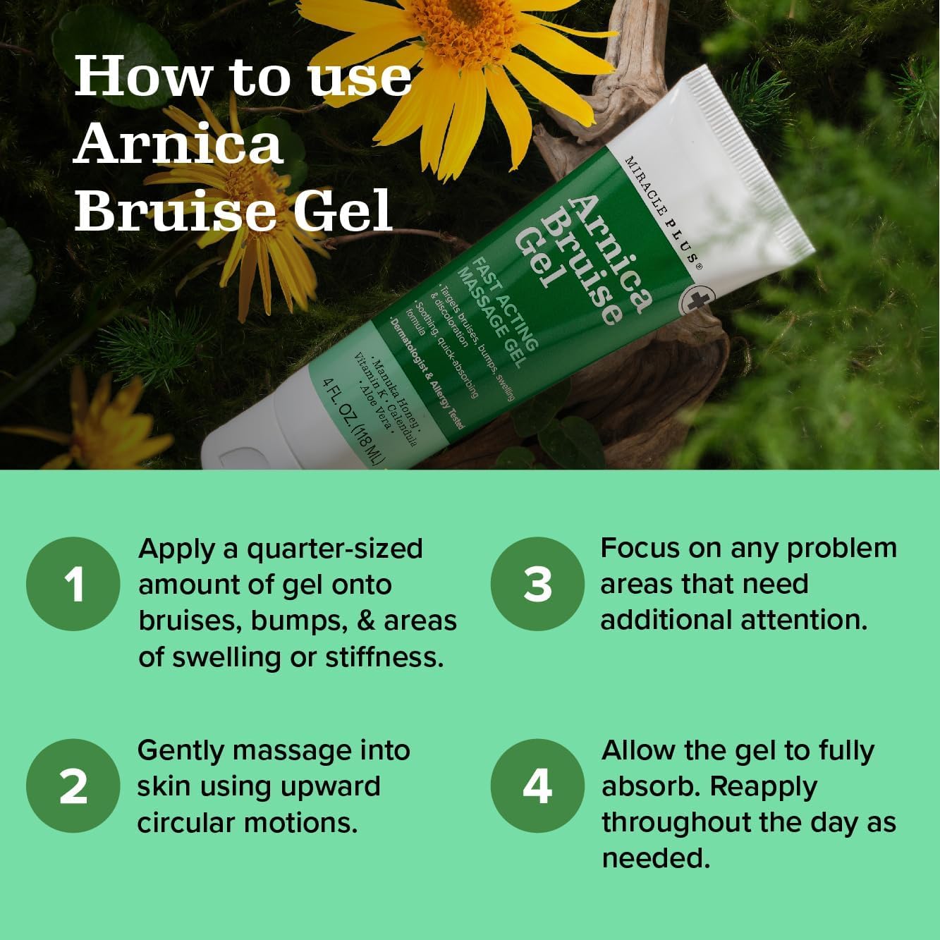 Miracle Plus Arnica Gel closeup shows smooth, easy application on bruised skin