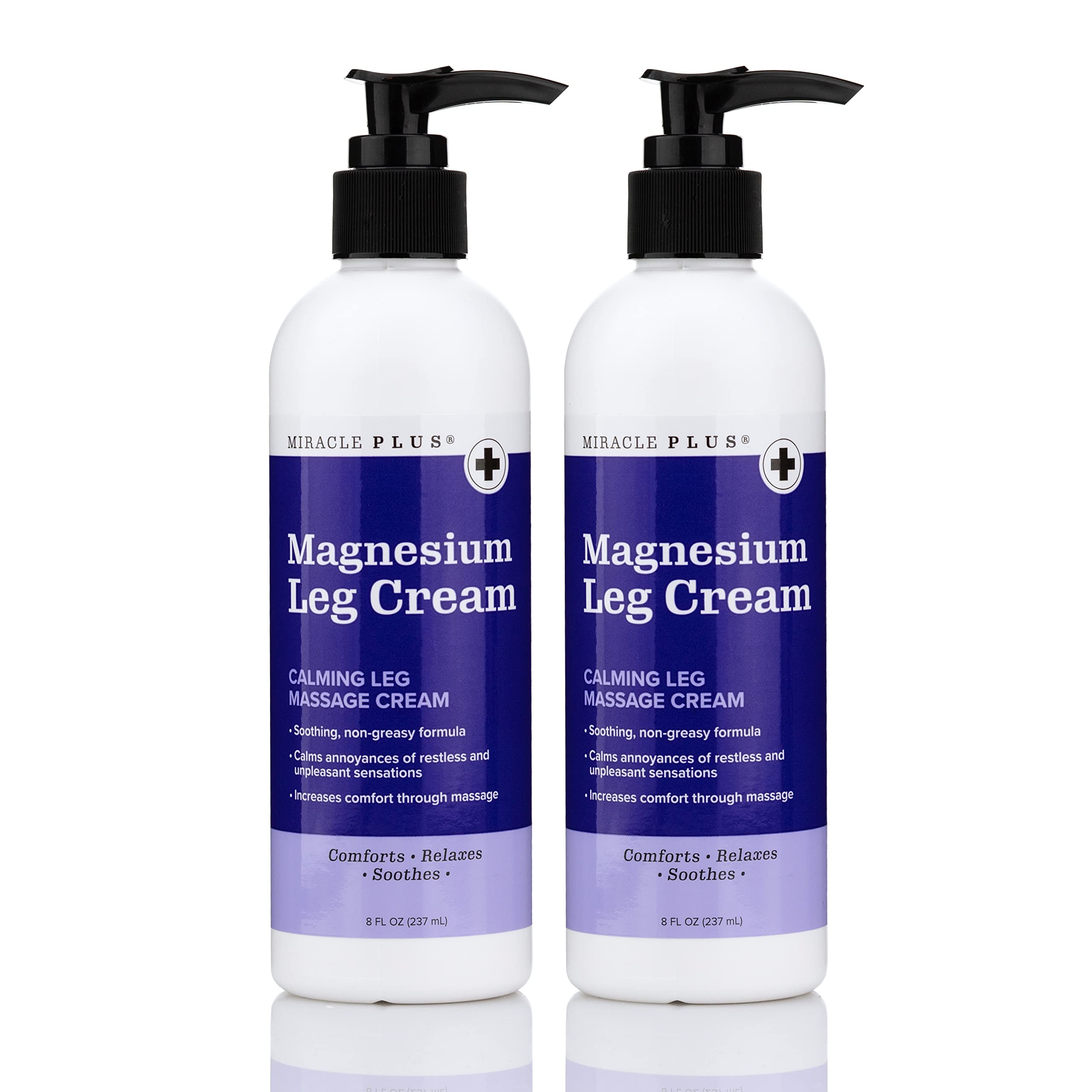 Miracle Plus Magnesium Cream bottle highlights targeted leg relief and soothing moisture.