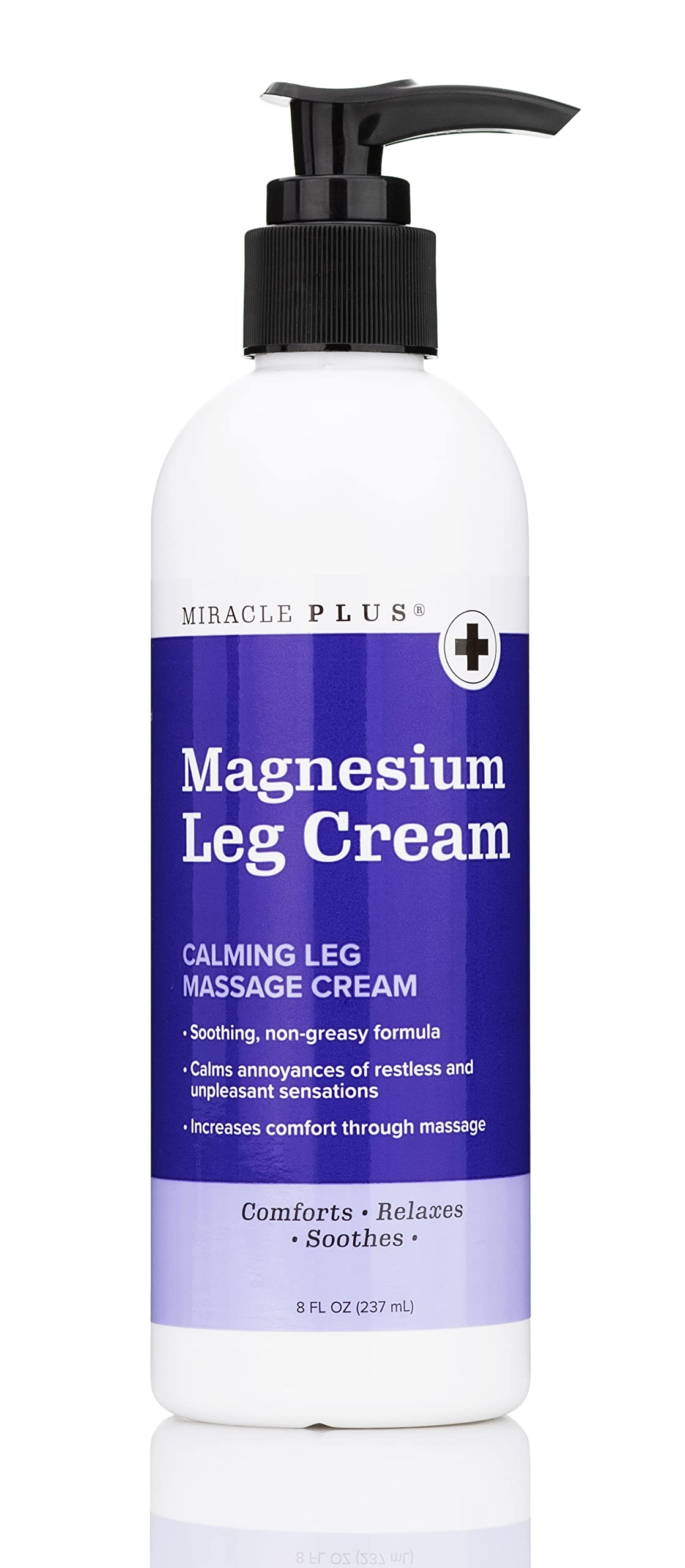Miracle Plus magnesium cream tub closeup for leg relief and skin nourishment.