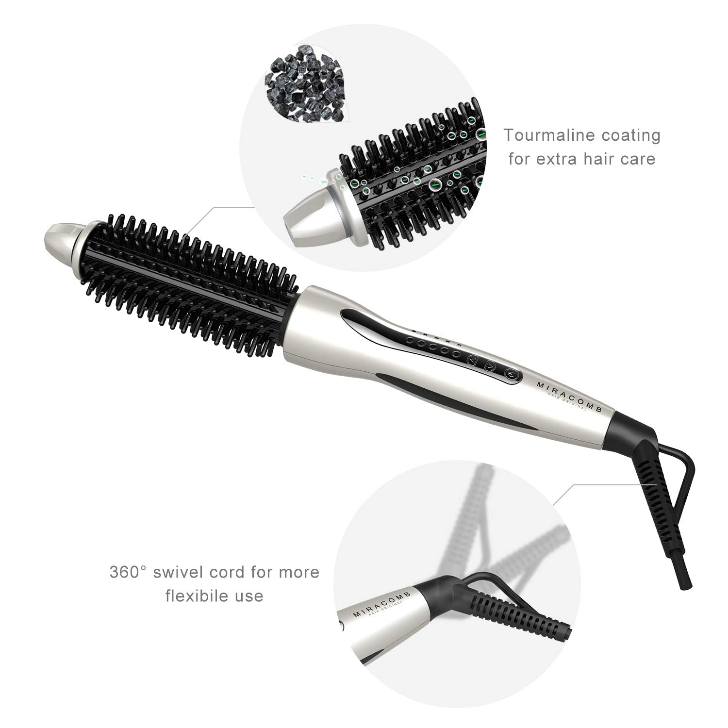 Miracomb cool touch anti-scald bristles protect skin while styling.