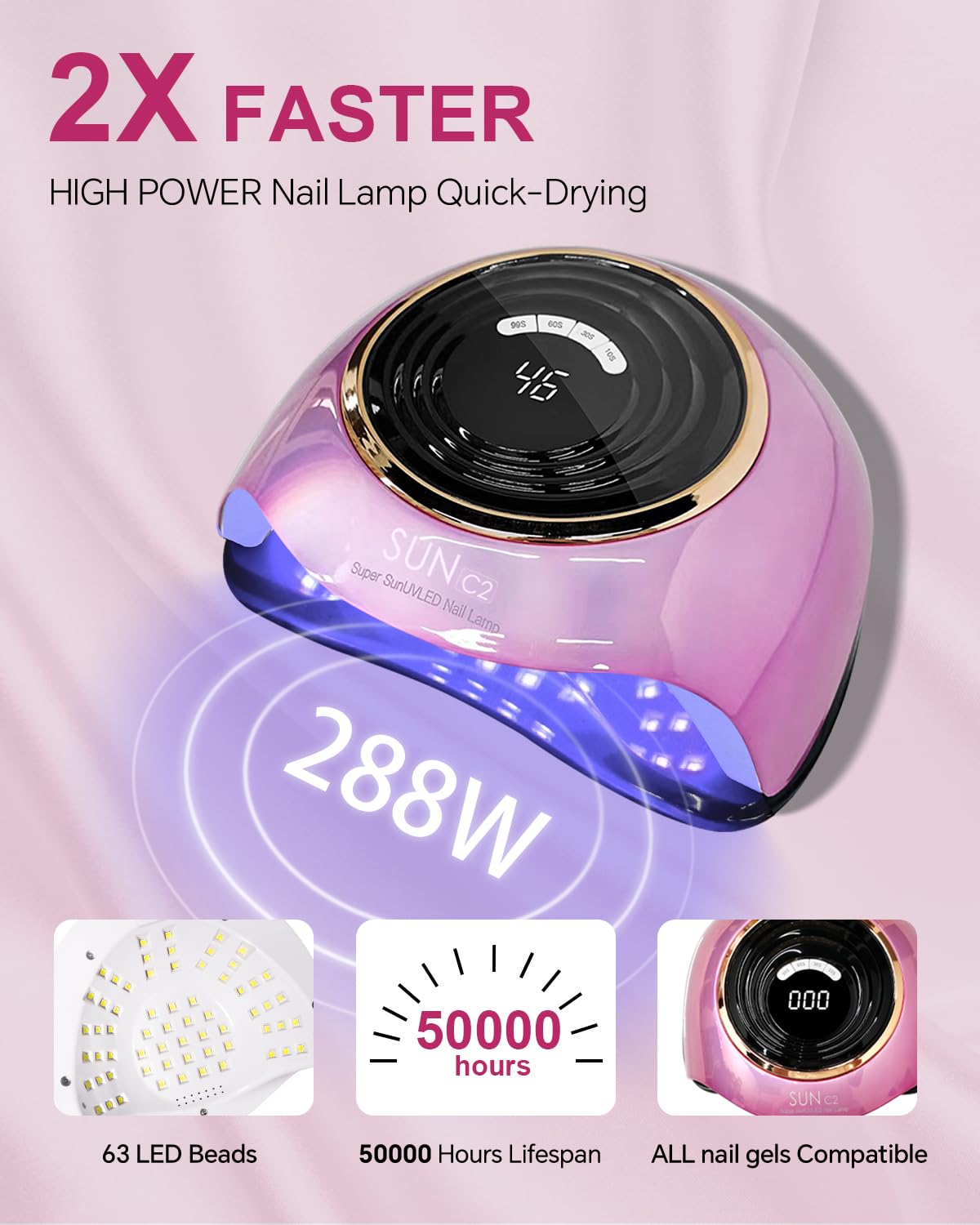 MIRAGE LAYON 288W lamp delivers powerful curing for gel polish.