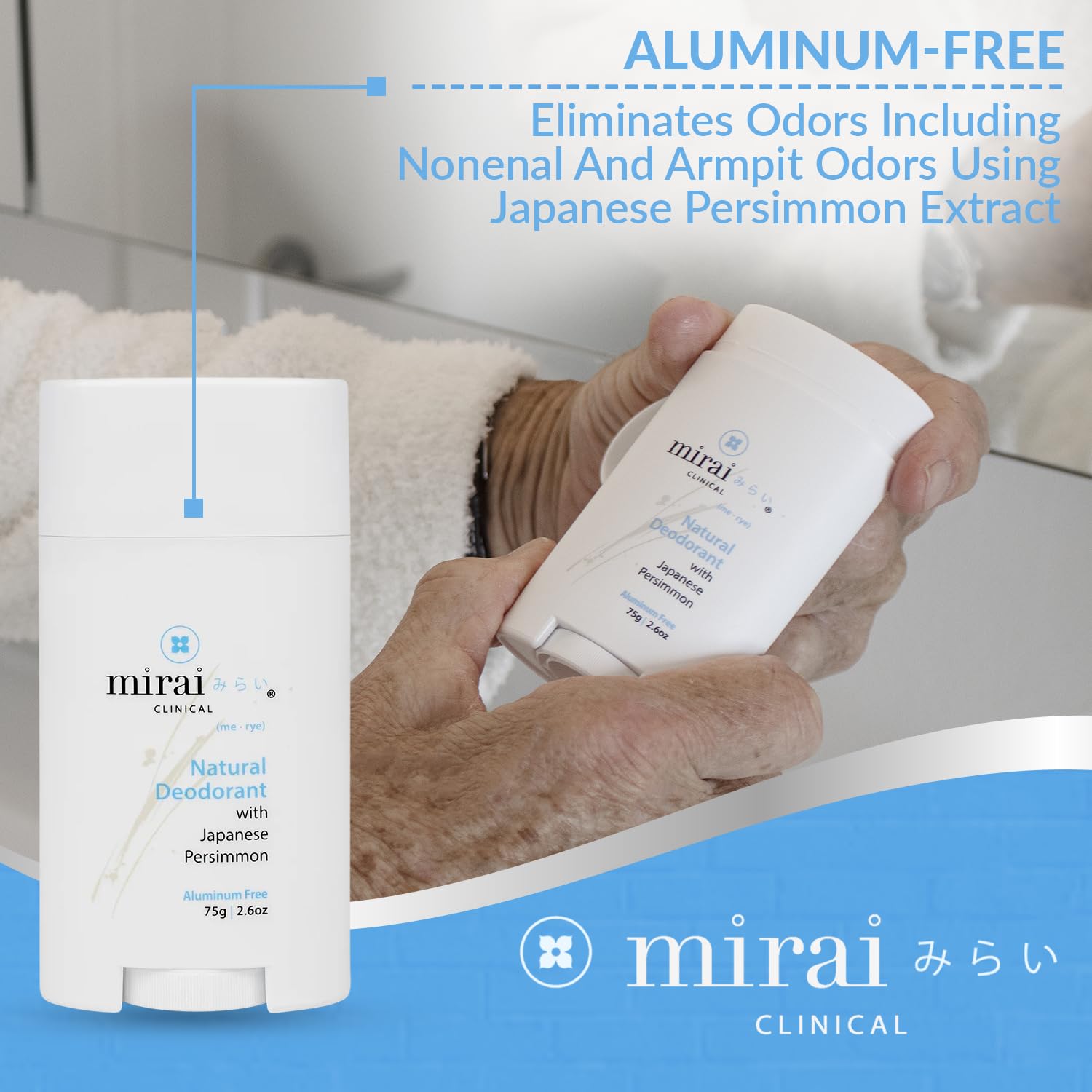 Mirai Clinical aluminum-free formula highlights natural sweating and odor control.