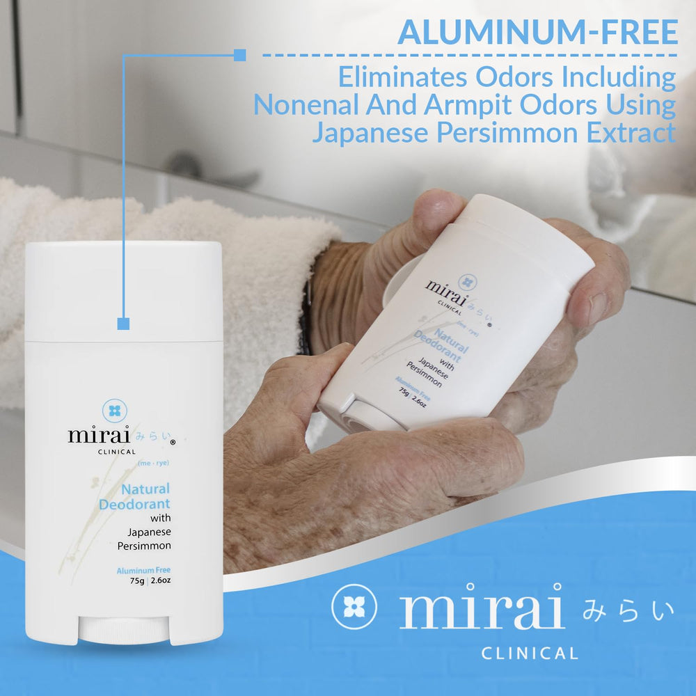 Mirai Clinical aluminum-free formula highlights natural sweating and odor control.