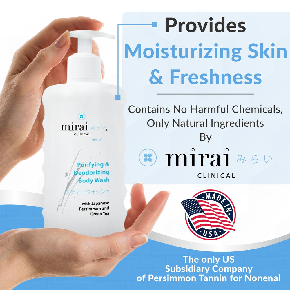 Mirai Clinical Body Wash in a bathroom setting with towels for daily hygiene routine.