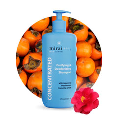 Mirai Persimmon Shampoo bottle demonstrates color-safe cleanse for mature hair.