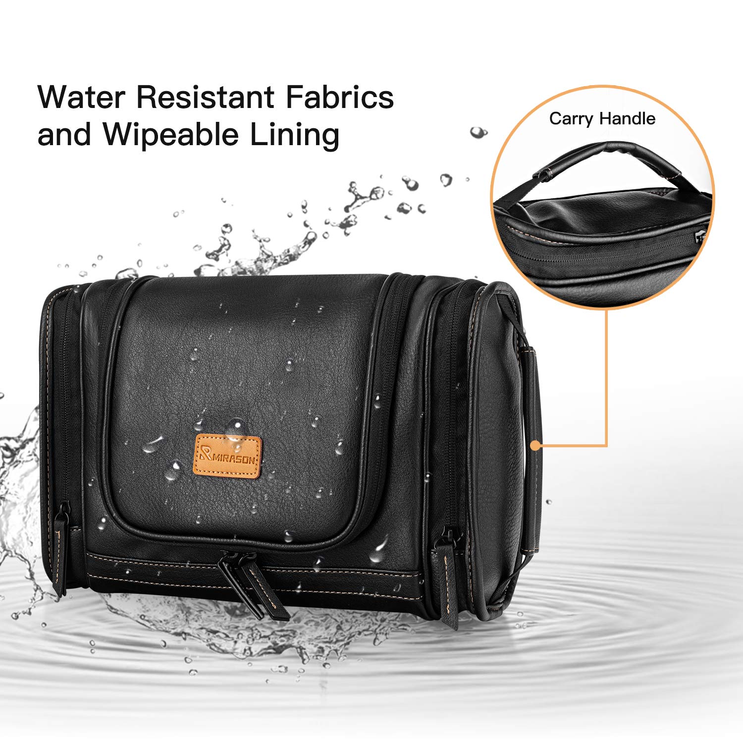 MIRASON leather Dopp kit opens wide to reveal internal pockets for easy access