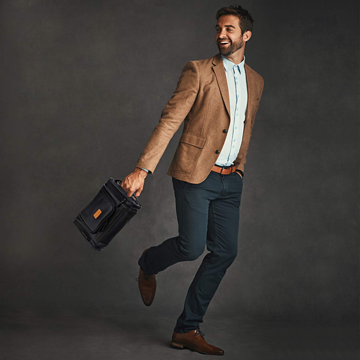 MIRASON men's bathroom bag sits on counter with sturdy build