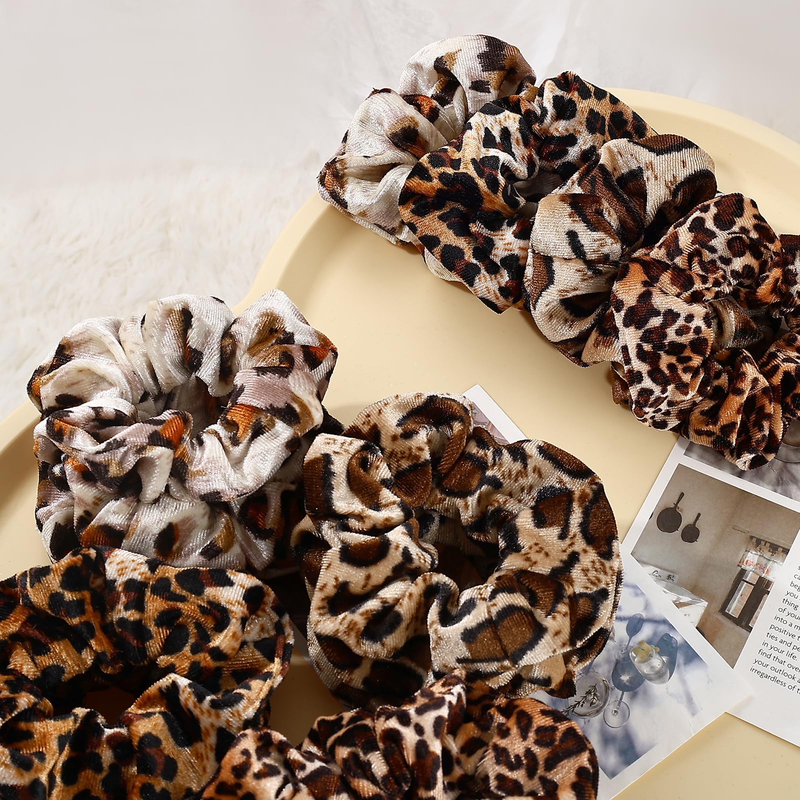 Mirlern leopard velvet scrunchies hero shot, bold print complements everyday outfits.