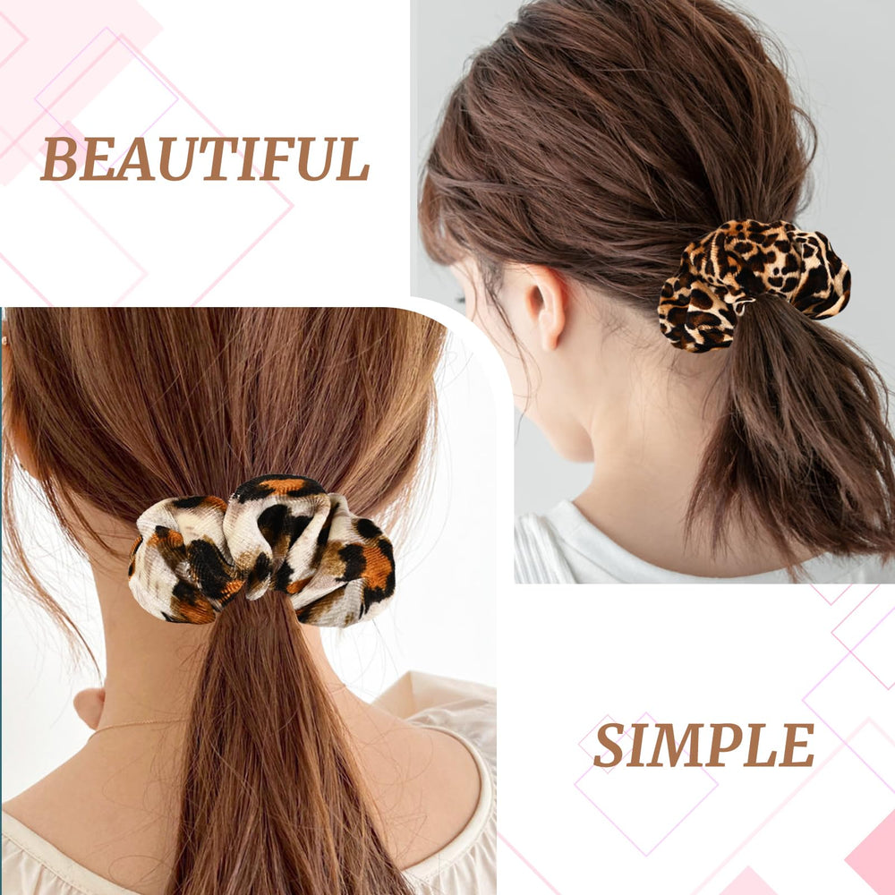 Mirlern leopard velvet scrunchies on wrist, quick-dress solution for busy days.