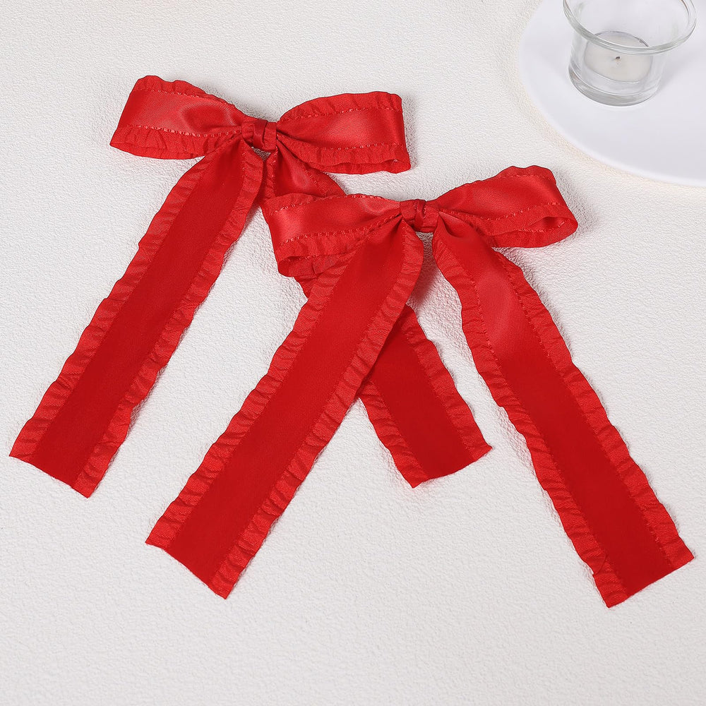 Miroksh red satin bow clip close-up showing double ruffle edge detail