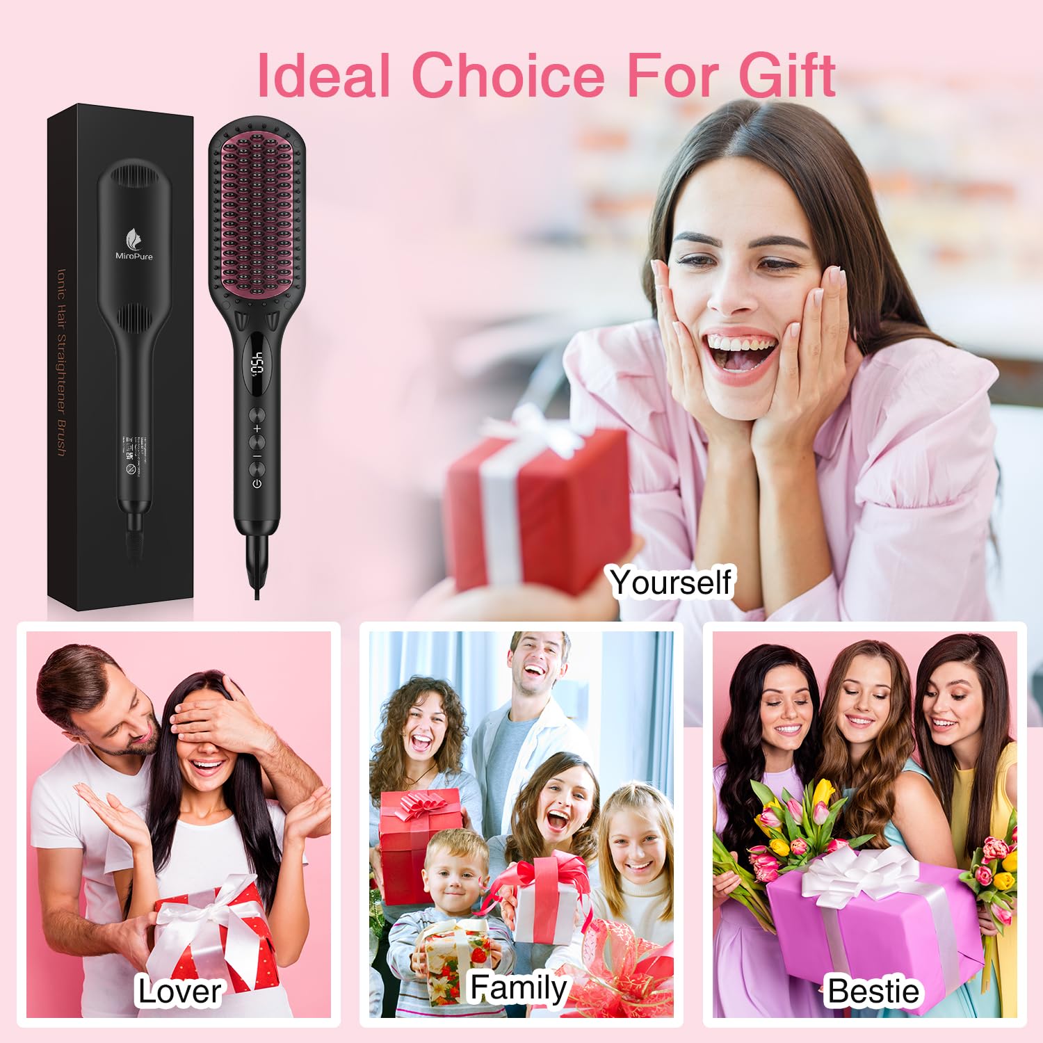 MiroPure black ceramic straightener brush product shot showcases versatile styling for all hair types.