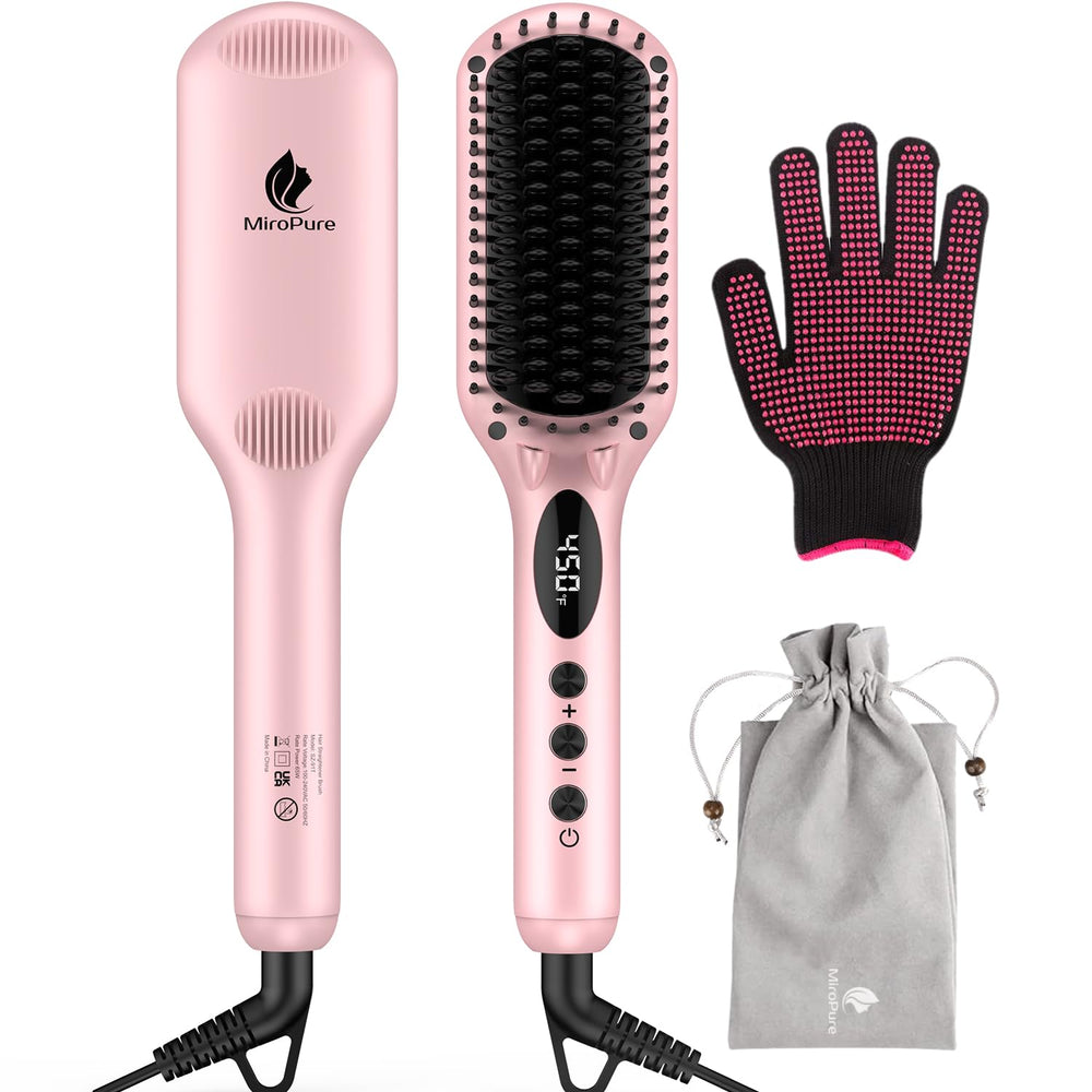 MiroPure pink hair straightener brush gliding for silky straight hair at home.