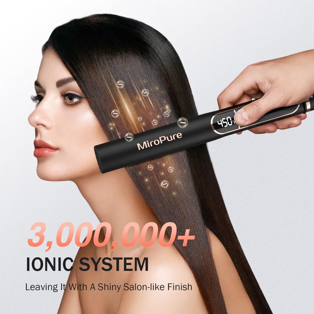 MiroPure flat iron heats up in 15 seconds for quick styling.