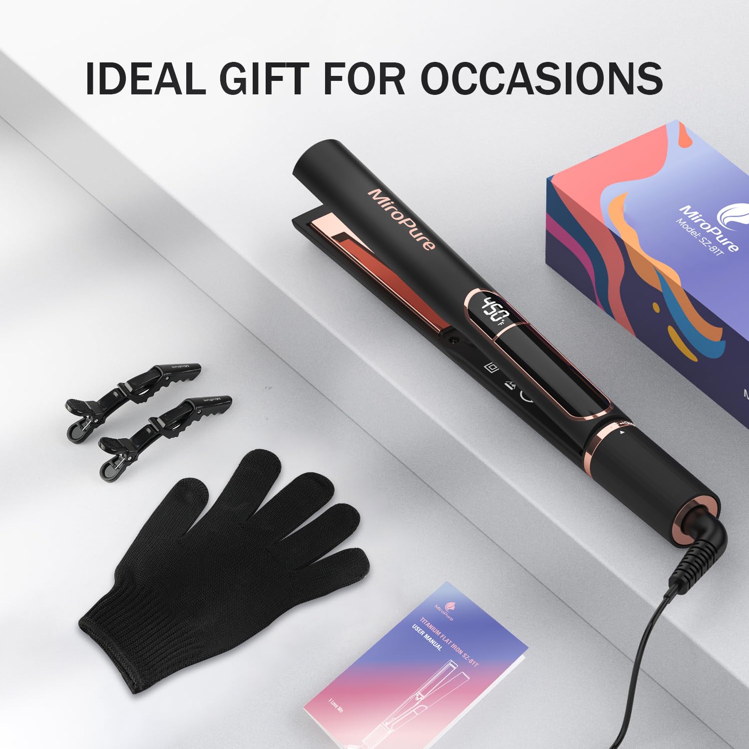 MiroPure flat iron 2-in-1 straight and curl styling capability.