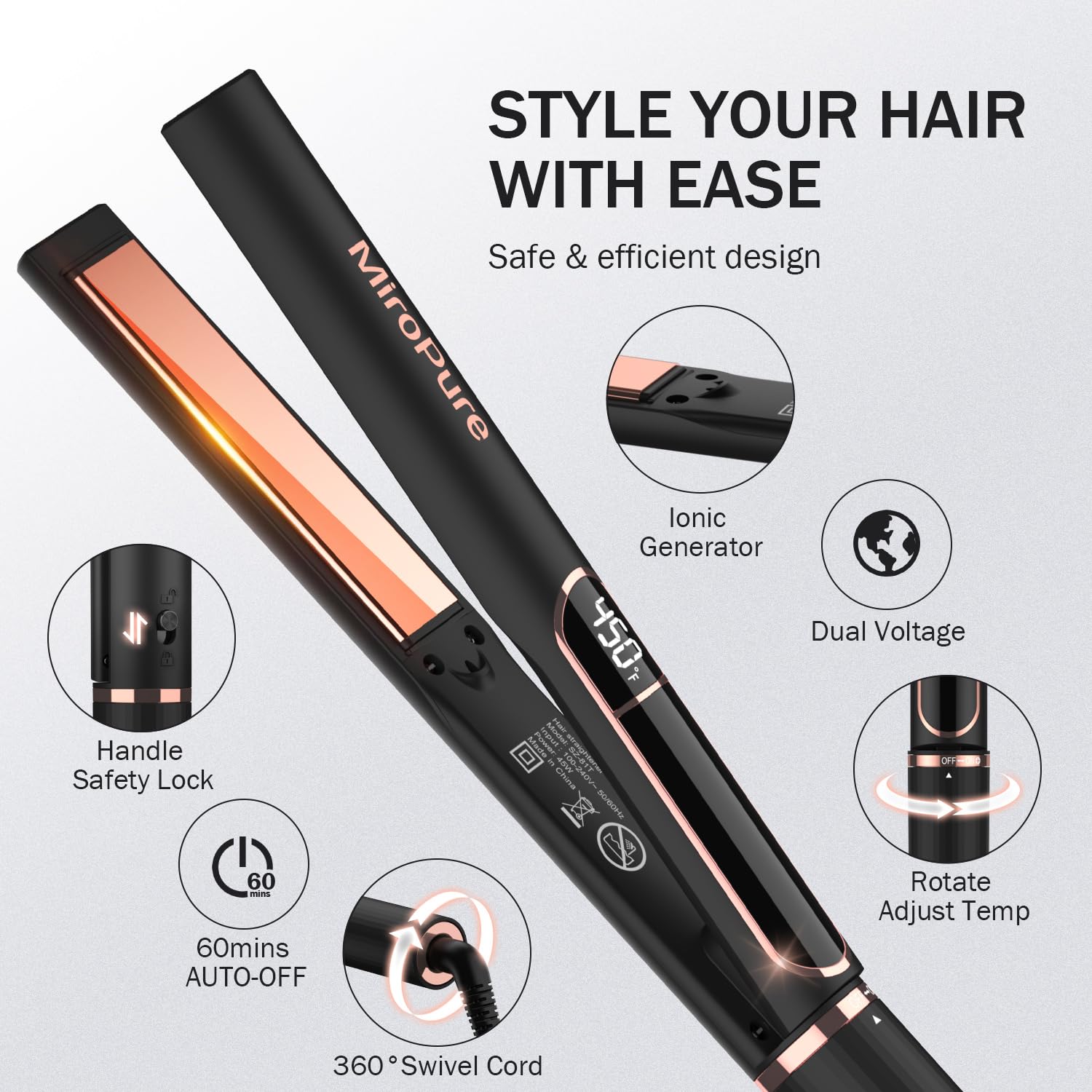 MiroPure flat iron auto-off feature after 60 minutes for safety.