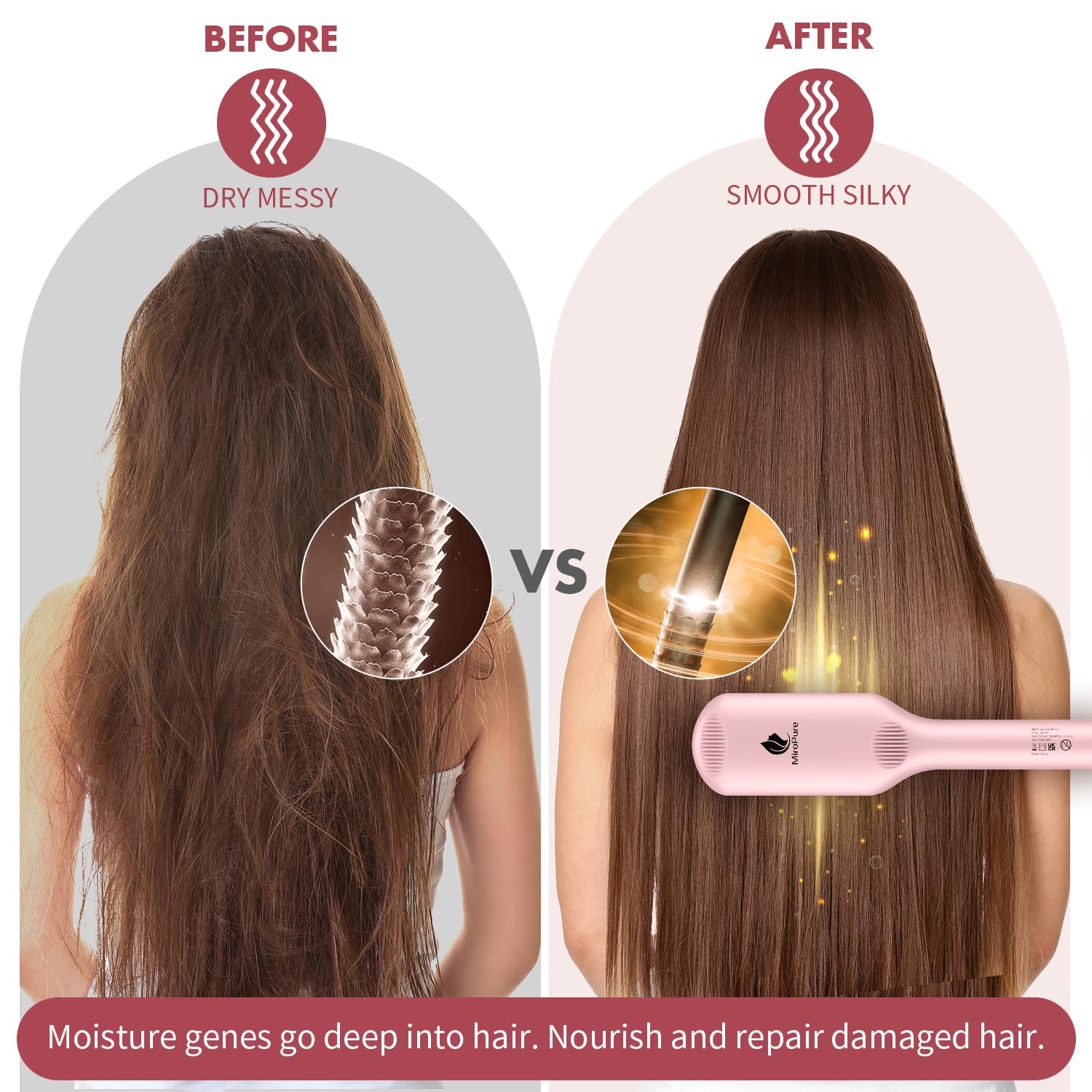 MiroPure nano comb curls hair while providing gentle scalp massage.