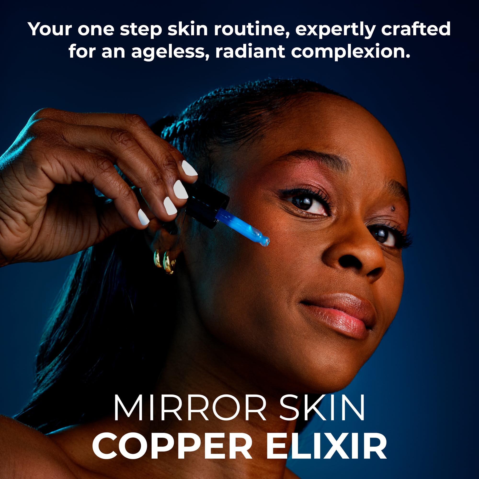 Mirror Skin Copper Peptides Serum dropper in use promotes smoother texture.