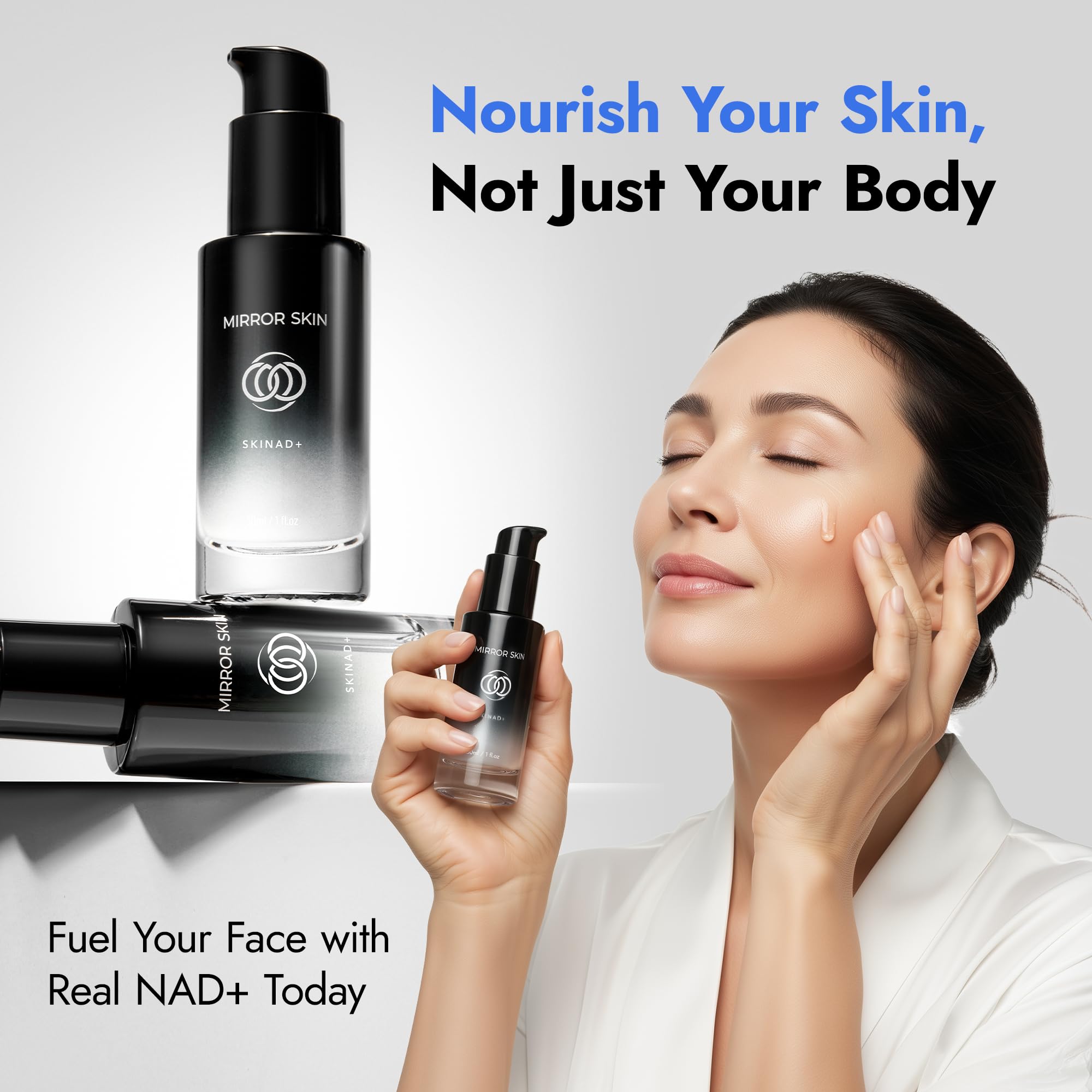 MIRROR SKIN SKINAD+ ingredients graphic highlights Glutathione and CoQ10.