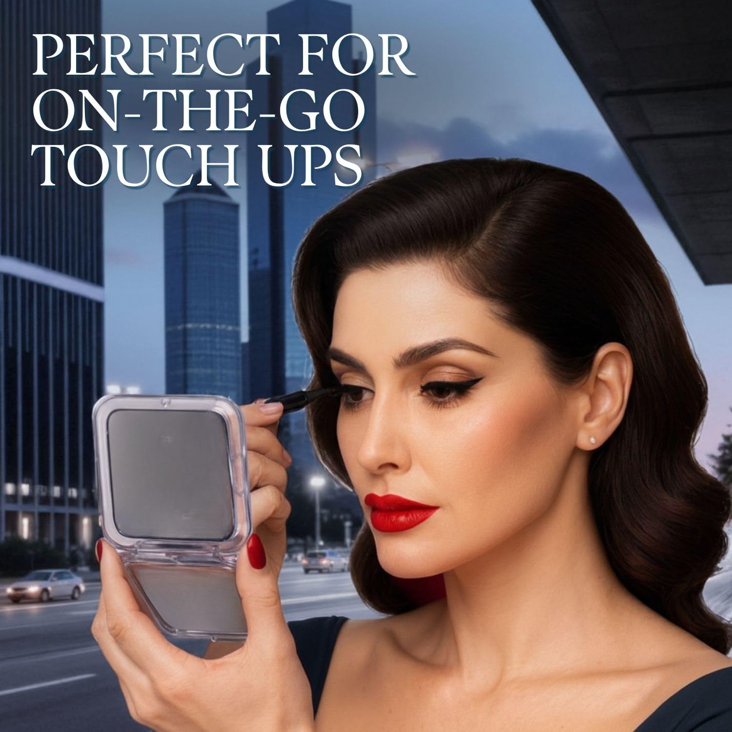 MIRRORVANA foldable travel mirror in purse enables easy on-the-go checks.