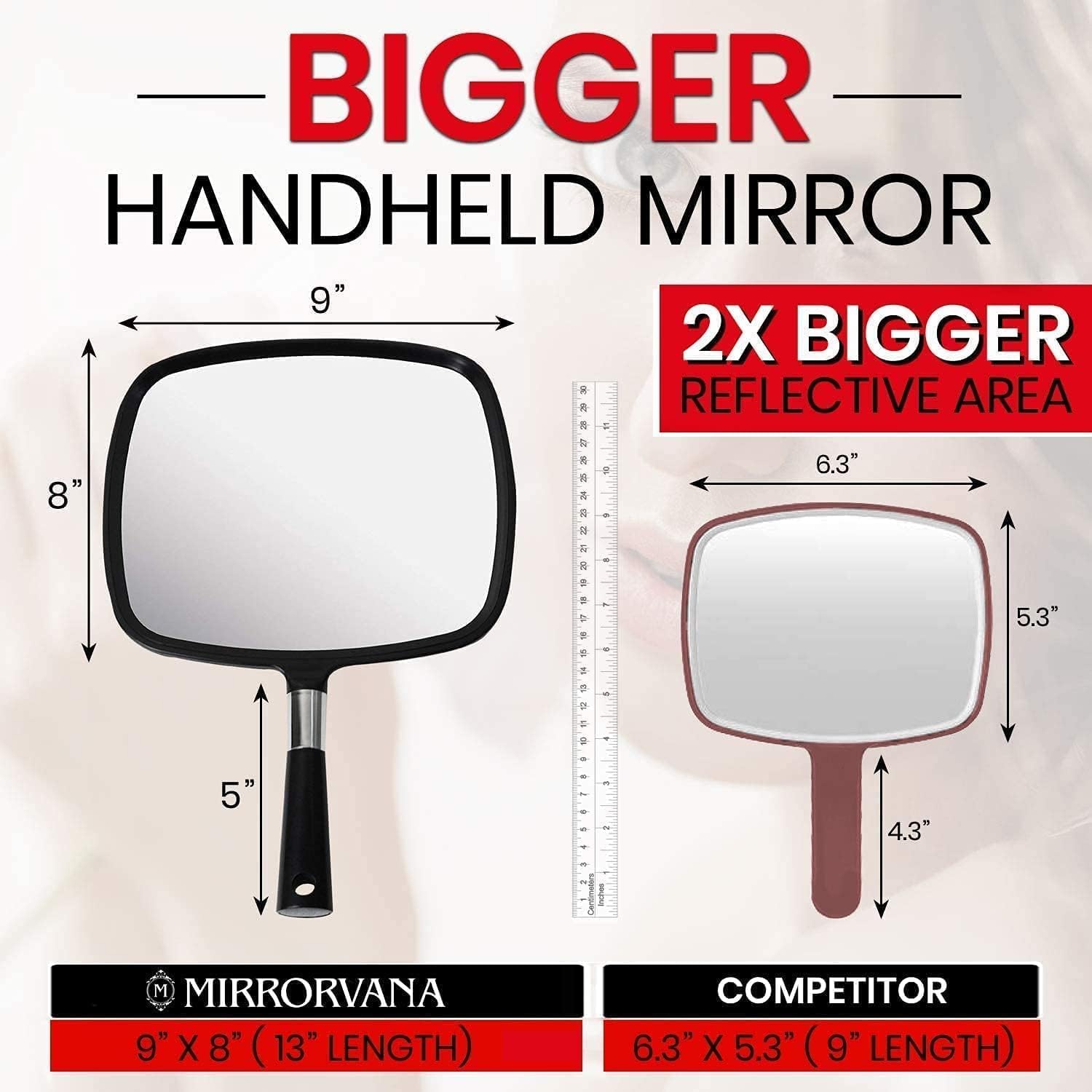 Mango ergonómico Mirrorvana negro, cómodo de sostener durante peinados y revisiones.