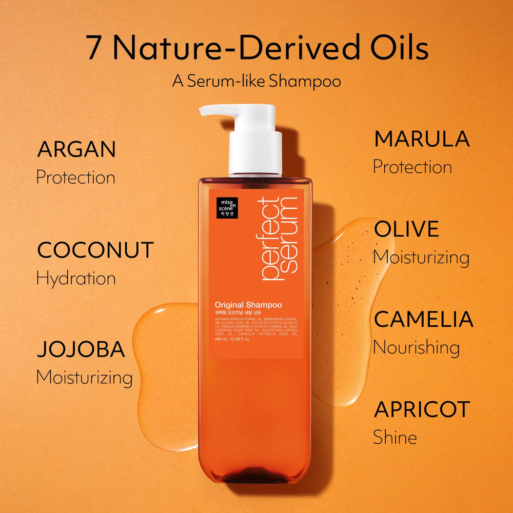 Mise En Scene damage-care hair closeup showcases glossy finish after wash.