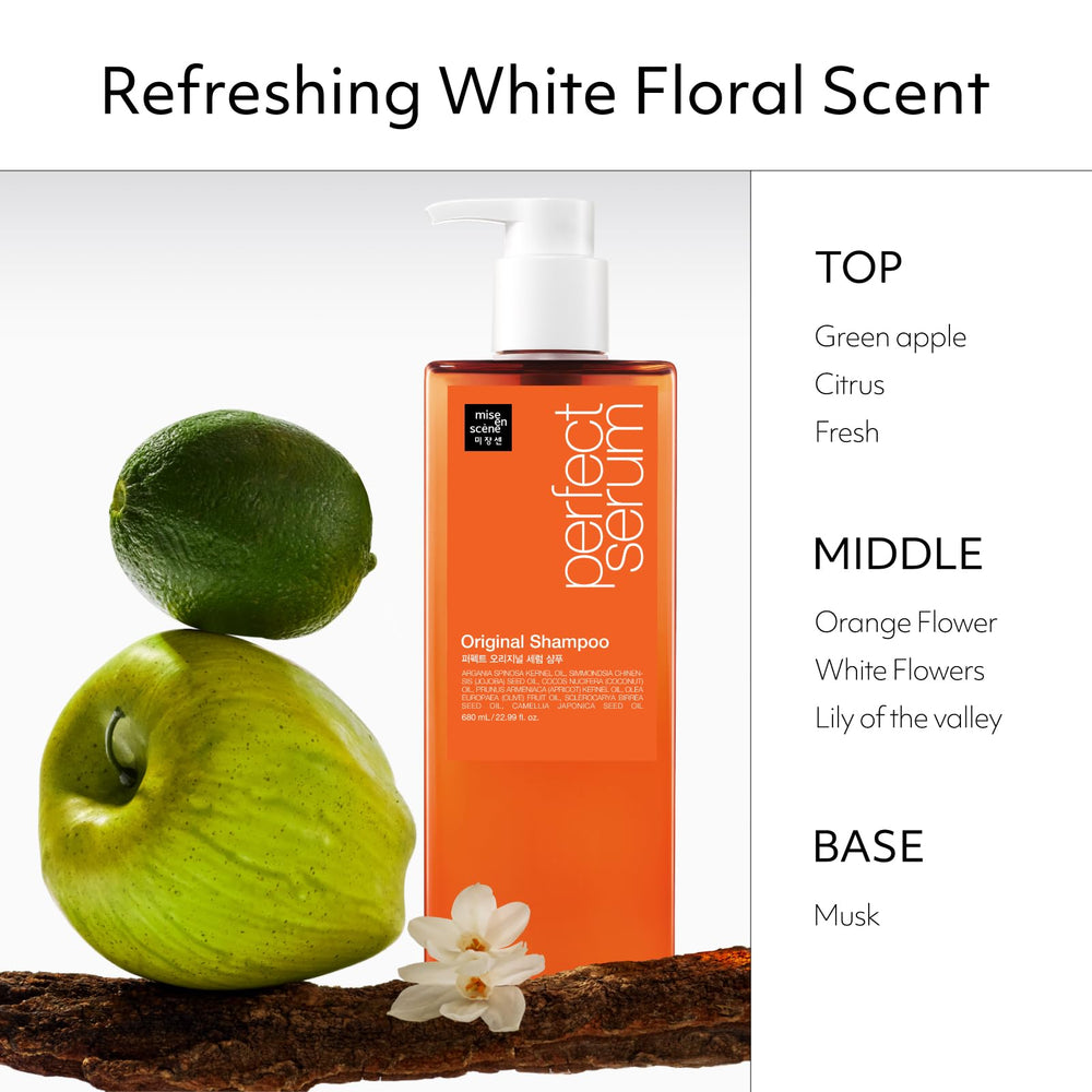 Mise En Scene fragrance highlights fresh citrus and green apple scent profile.