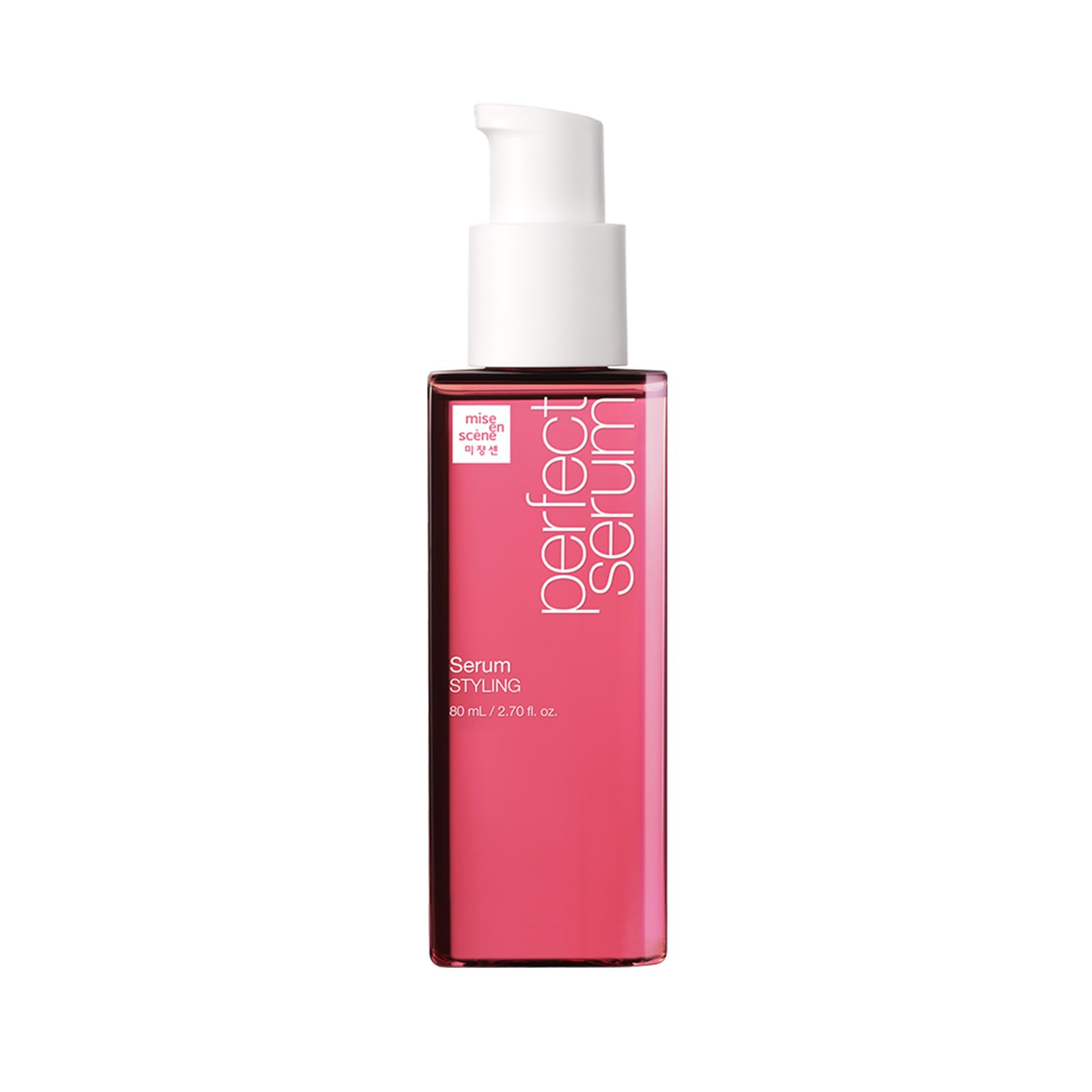 Mise En Scene Perfect Serum bottle demonstrates heat protection for styled looks