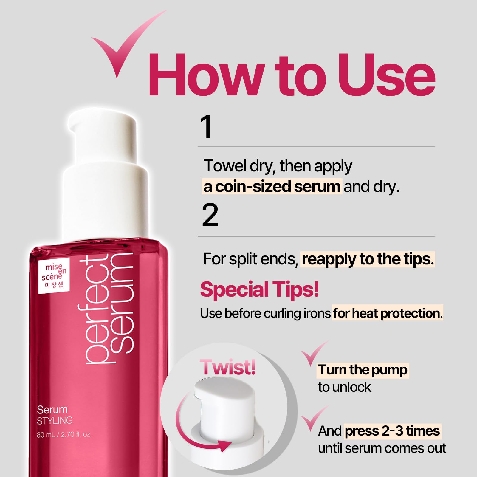 Mise En Scene Perfect Serum on hair strands offers flexible control and shine