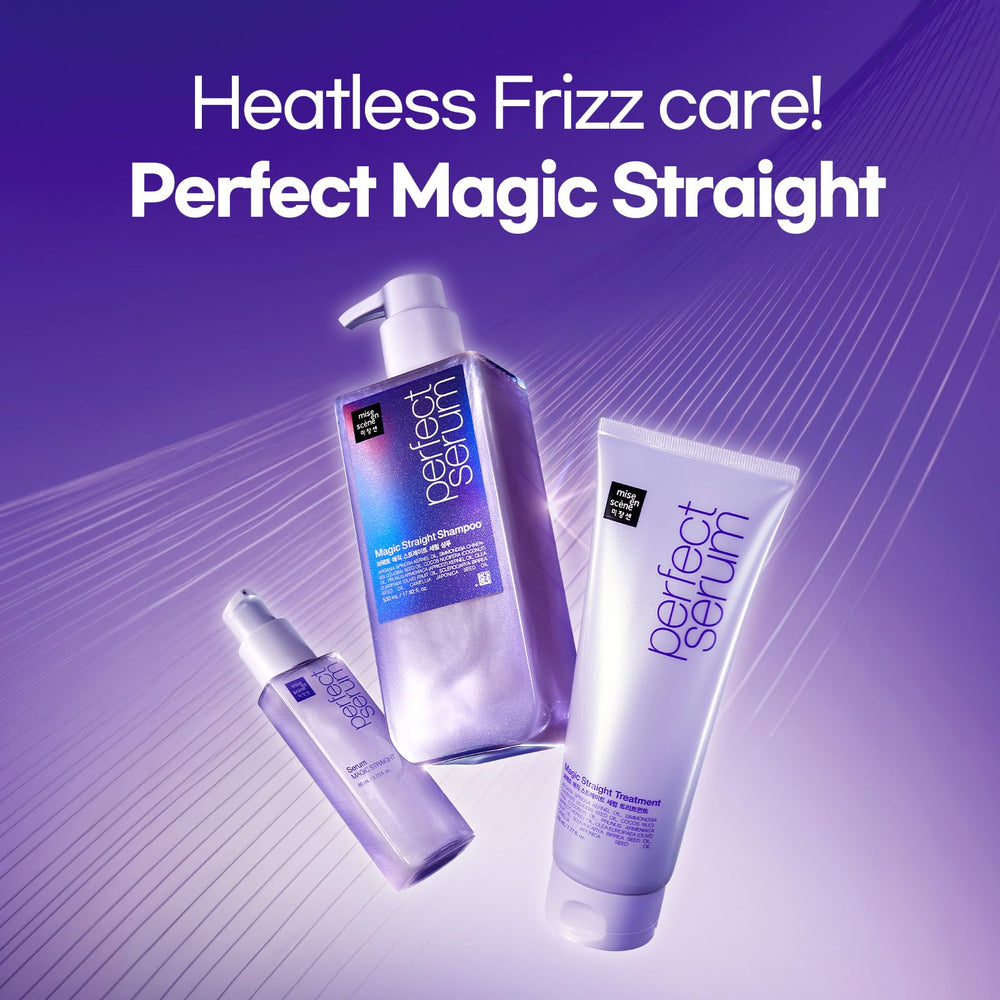 Mise En Scene Perfect Serum Magic Straight application-hands demonstrates quick, weightless frizz control.