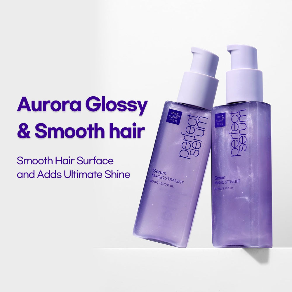 Mise En Scene Perfect Serum Magic Straight flyaways-spot shows frizz taming for a polished look.