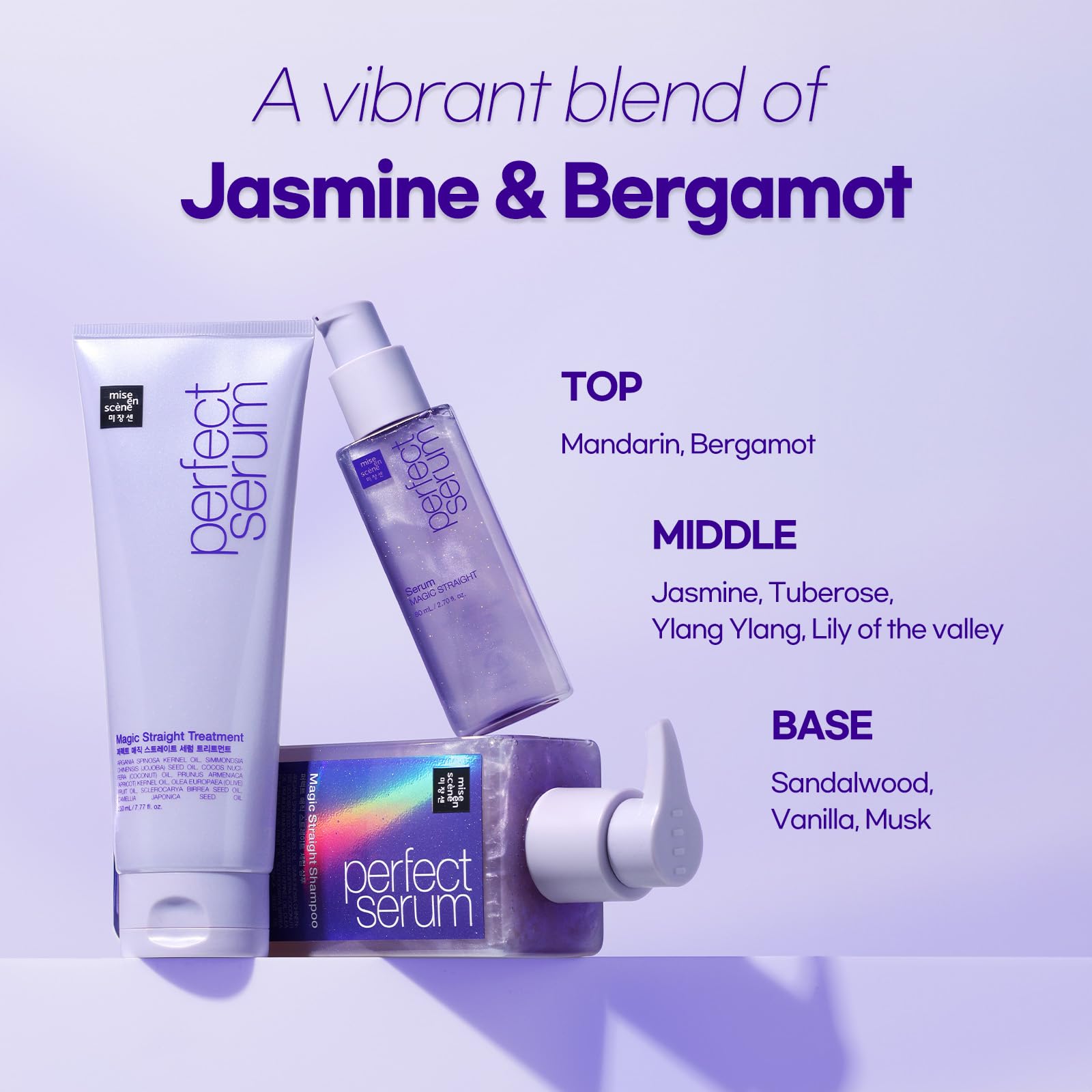 Mise En Scene Perfect Serum Magic Straight heat-shield highlights up to 446°F protection.