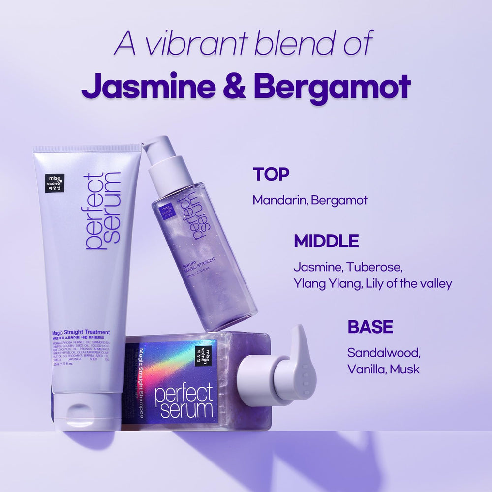 Mise En Scene Perfect Serum Magic Straight heat-shield highlights up to 446°F protection.