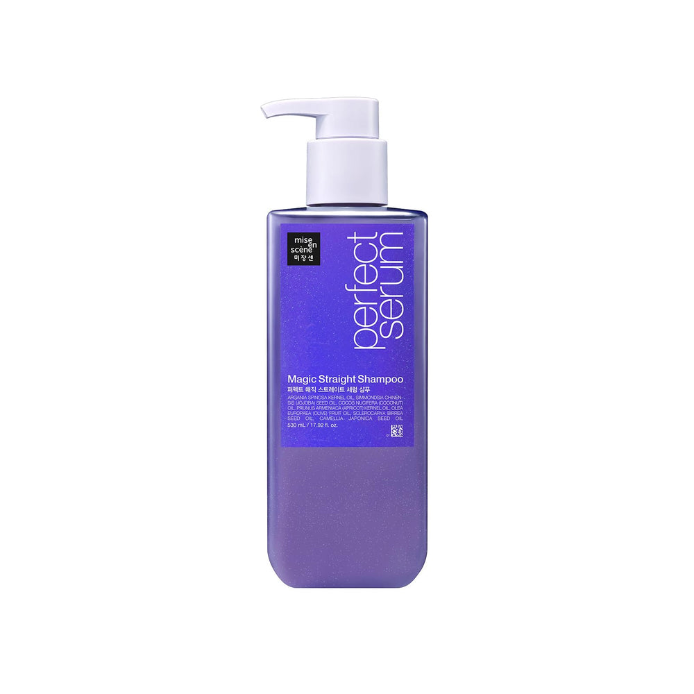 Mise En Scene Perfect Serum Magic Straight Shampoo bottle-front view showing anti-frizz promise