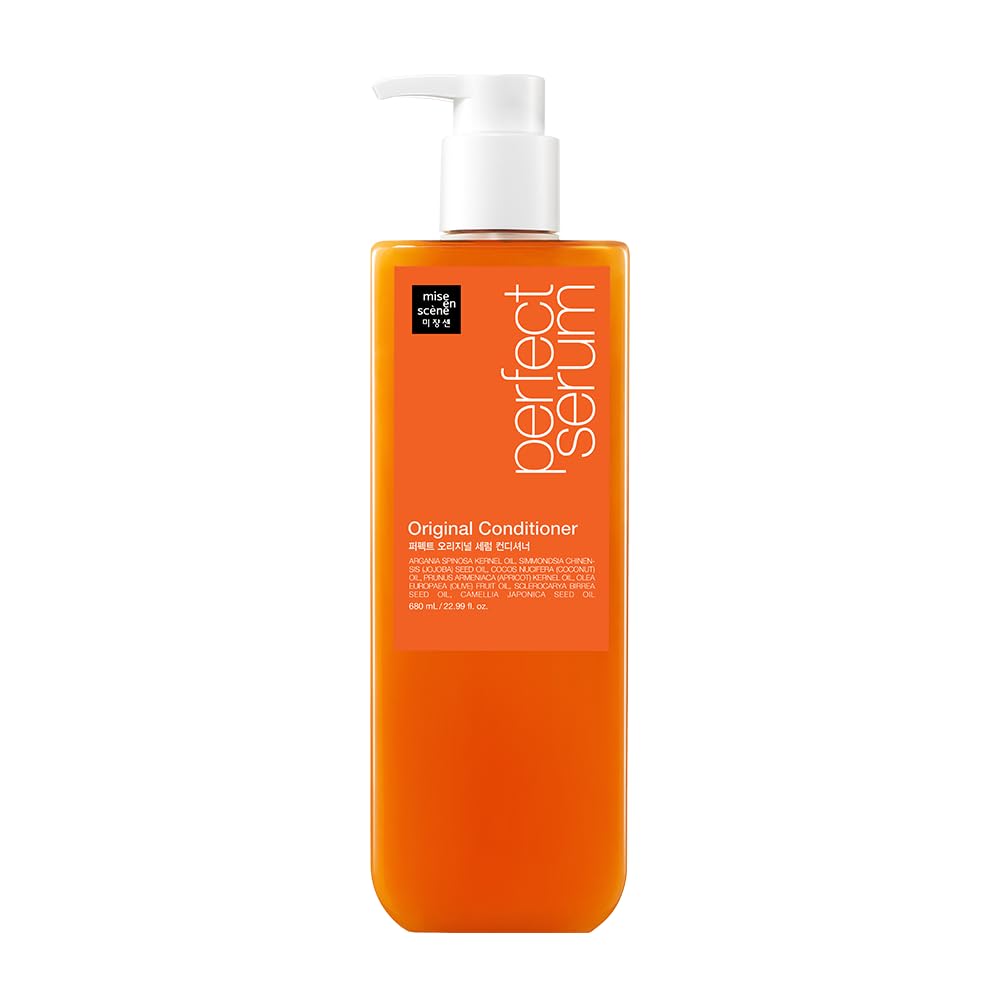 Mise En Scene Perfect Serum Original Conditioner bottle pours hydration for damaged hair.