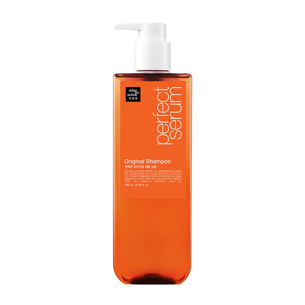 Mise En Scene Perfect Serum Original Shampoo bottle shows nourishing formula for healthier curls.
