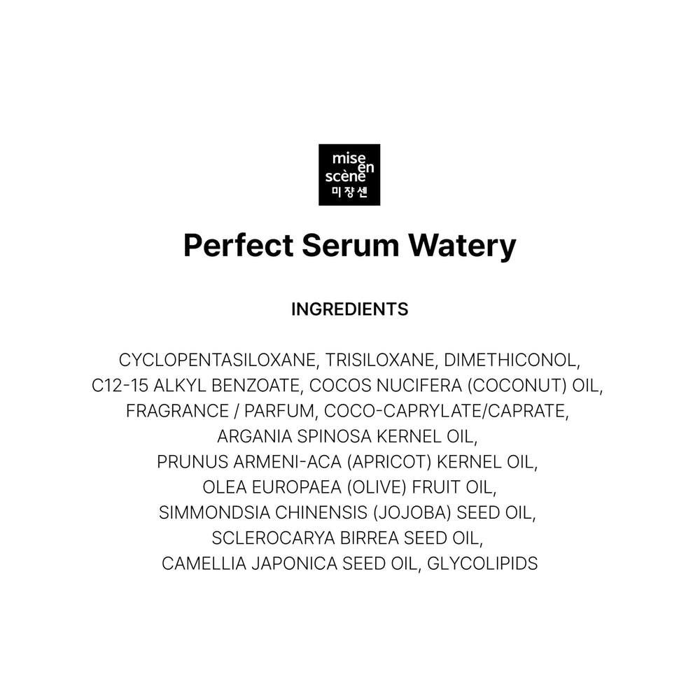 Mise En Scene Perfect Serum Watery bottle 270ml highlights generous size for ongoing use.