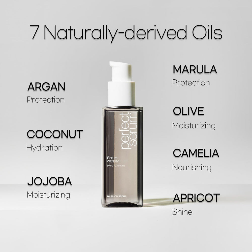 Mise En Scene Perfect Serum Watery full routine shot suggests pairing with shampoo and conditioner.