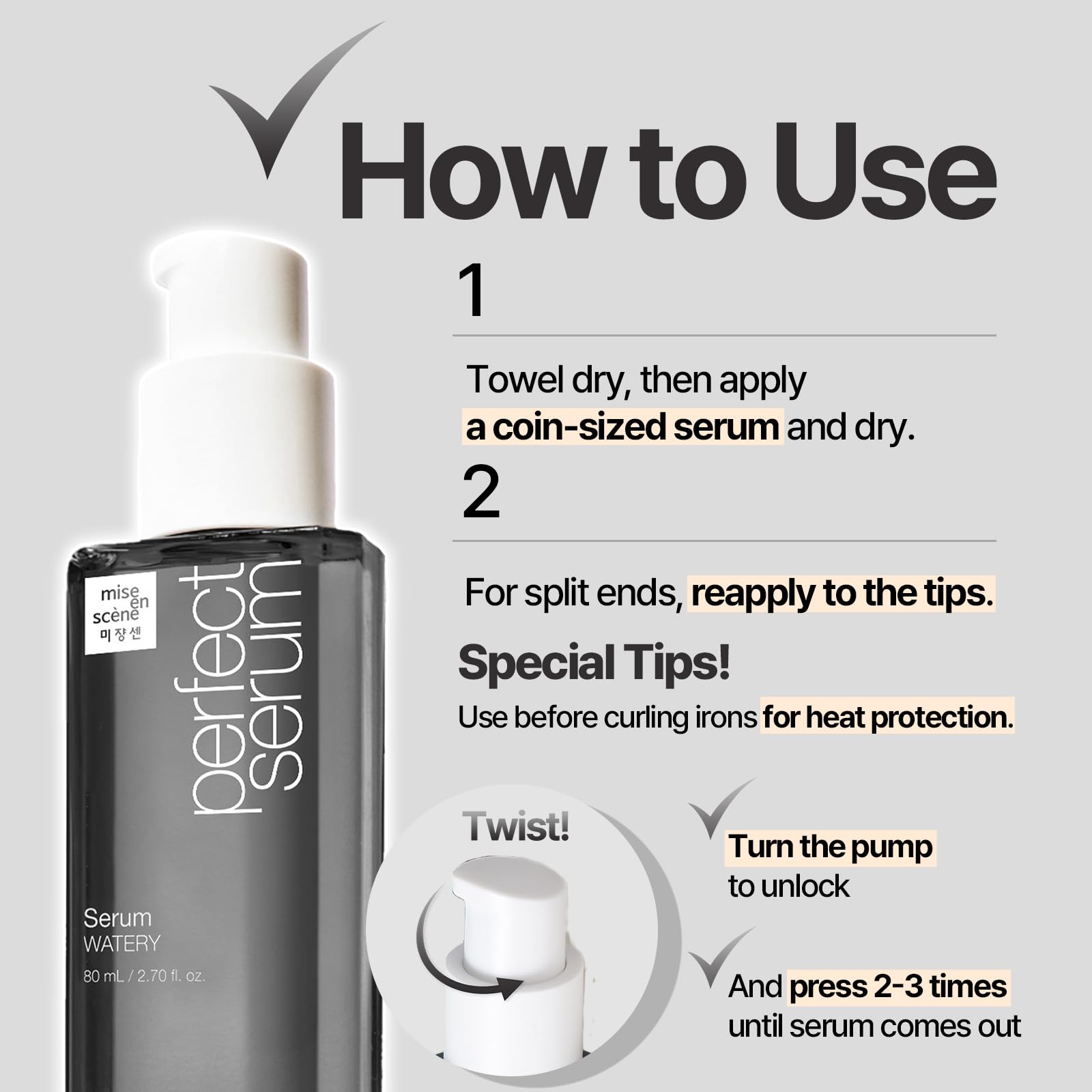 Mise En Scene Perfect Serum Watery ingredients oil blend highlights Moroccan argan and natural oils.