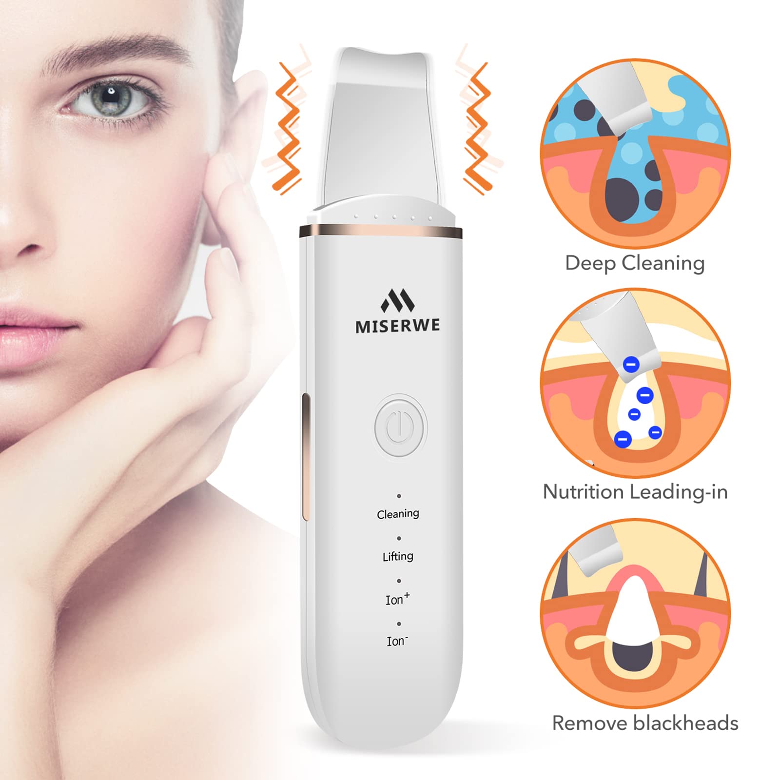 MISERWE Skin Scrubber 4 modes closeup showing deep cleansing and absorption options