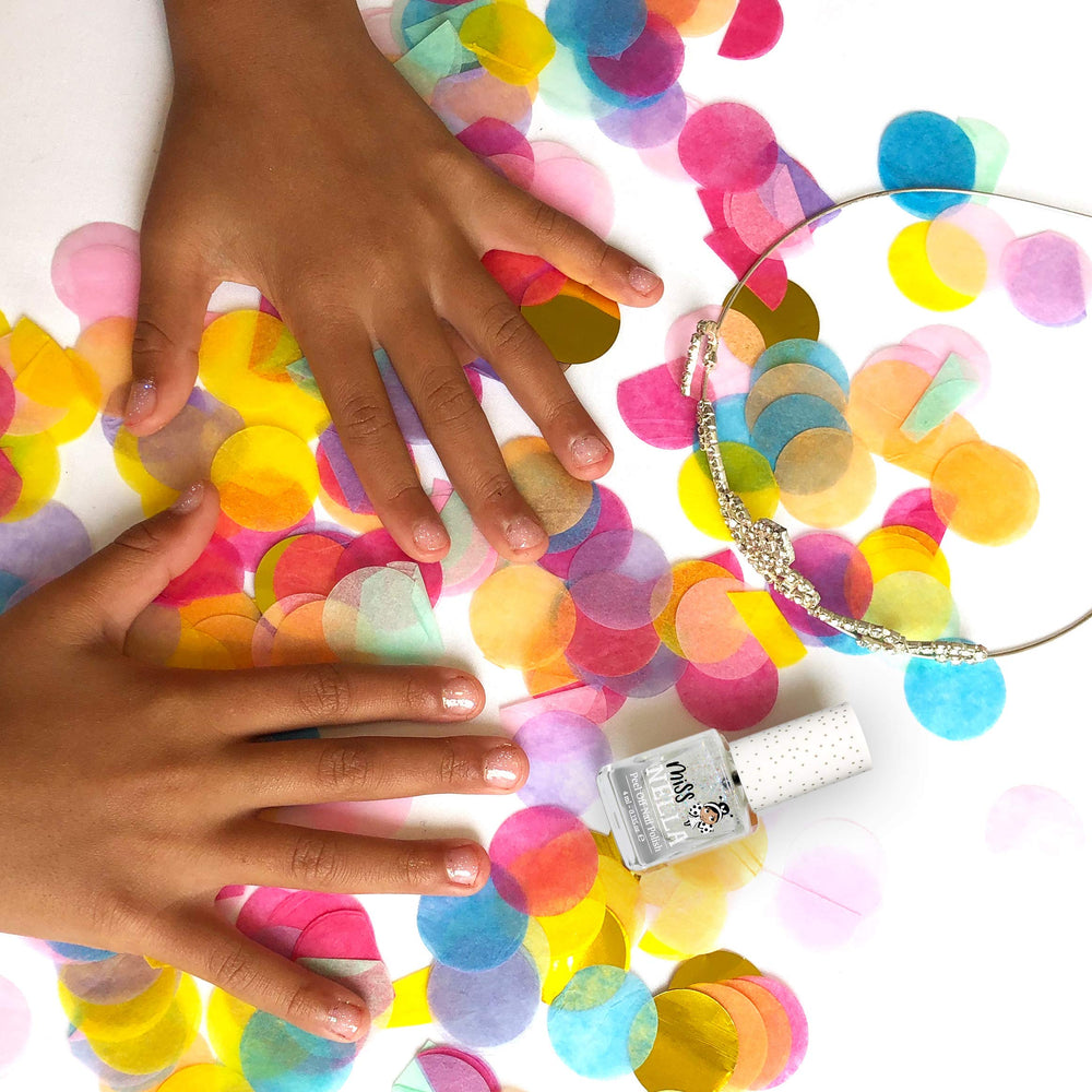 MISS NELLA Confetti Clouds close up glitter on nail emphasizing sparkle and kid-friendly finish
