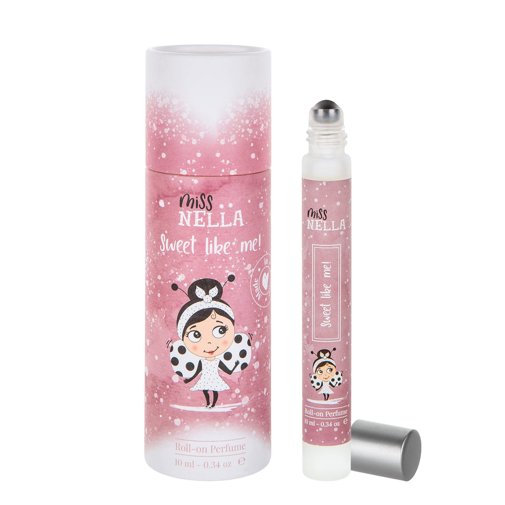 Miss Nella Kids Sweet Like Me roll-on bottle shows a gentle, portable fragrance for daily wear