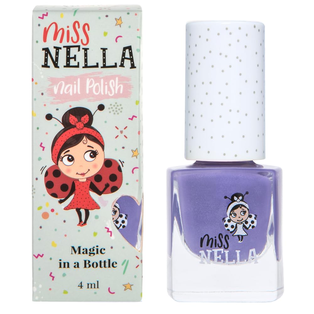 MISS NELLA Sweet Lavender bottle shows glittery purple polish for kids.