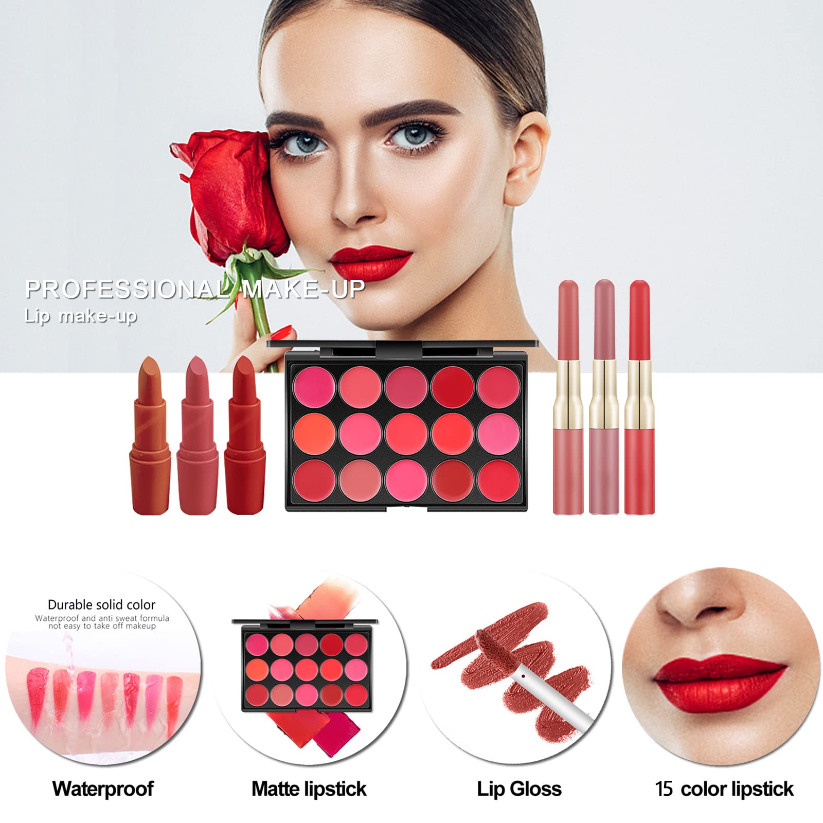 Miss Rose M Lipstick Palette detail shows bold and neutral shades for customizable lips.